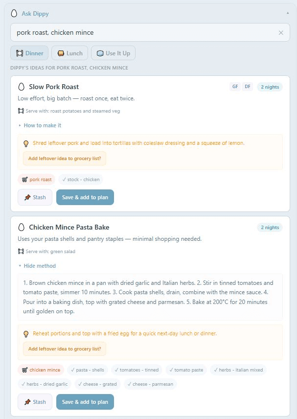 Dippy's suggestions with full ingredients and leftover ideas