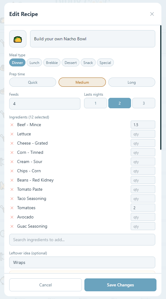 Edit recipe with ingredients, prep time, and leftover ideas