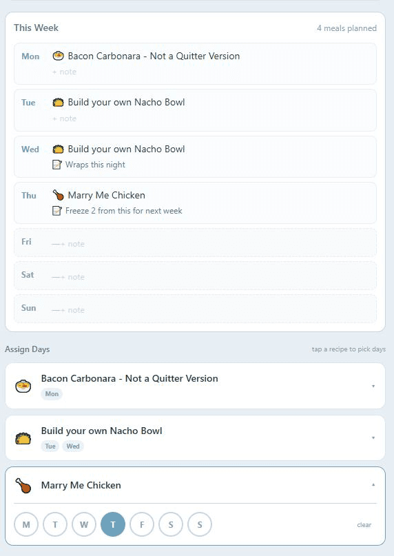 Week planner with meals assigned to days